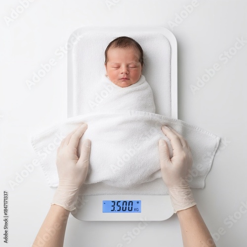 Newborn baby in white blanket being weighed by healthcare professional on scale