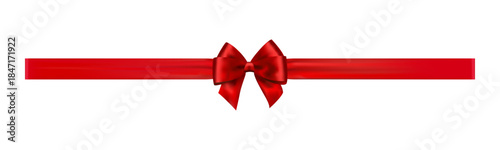 Red satin bow with long horizontal ribbon centered, glossy decorative vector element for gift wrapping, holiday packaging, greeting cards and celebration design