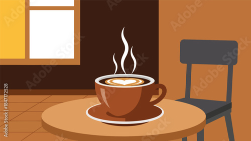 Modern flat vector illustration of a hot coffee cup on a café table with rising steam, cozy morning atmosphere, minimalist interior, perfect for coffee culture and lifestyle concepts