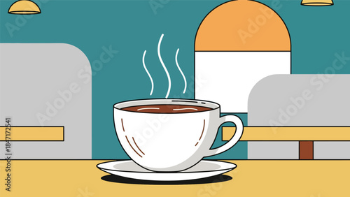 Modern flat vector illustration of a hot coffee cup on a café table with rising steam, cozy morning atmosphere, minimalist interior, perfect for coffee culture and lifestyle concepts