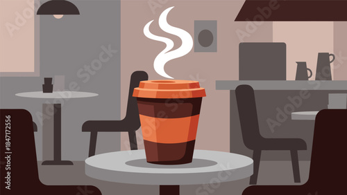 Modern flat vector illustration of a hot coffee cup on a café table with rising steam, cozy morning atmosphere, minimalist interior, perfect for coffee culture and lifestyle concepts