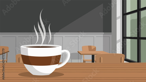 Modern flat vector illustration of a hot coffee cup on a café table with rising steam, cozy morning atmosphere, minimalist interior, perfect for coffee culture and lifestyle concepts