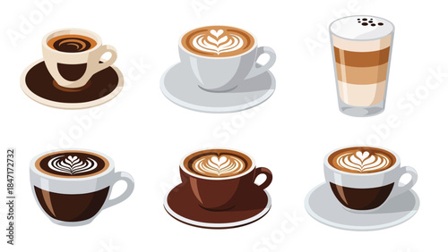 Vector illustration of assorted hot coffee drinks in cups and glasses, isolated on white background, featuring espresso, latte, cappuccino, and mocha, ideal for cafe menus, beverage icons