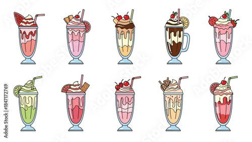 Vector illustration of sweet milkshake drinks in tall mugs topped with whipped cream, fruit, and chocolate drizzle, isolated on white background, perfect for dessert menus, cafe branding