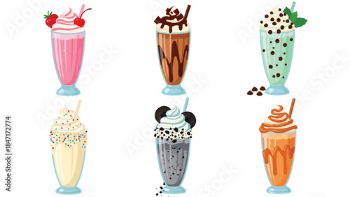 Vector illustration of sweet milkshake drinks in tall mugs topped with whipped cream, fruit, and chocolate drizzle, isolated on white background, perfect for dessert menus, cafe branding