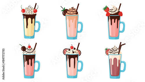 Vector illustration of sweet milkshake drinks in tall mugs topped with whipped cream, fruit, and chocolate drizzle, isolated on white background, perfect for dessert menus, cafe branding