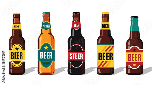 Vector illustration of assorted beer bottles, isolated on white background, showcasing different styles and packaging designs, ideal for beverage branding, bar menus, alcohol marketing, mockup