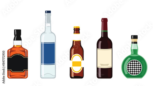 Vector illustration of assorted liquor bottles, isolated on white background, featuring whiskey, vodka, rum, and spirits, ideal for bar menus, alcohol branding, beverage marketing, packaging design