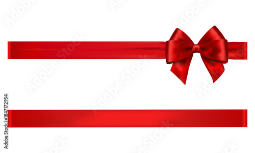 Red satin bow on long horizontal ribbon right aligned with separate stripe, shiny decorative vector element for gift wrapping, holiday frames, festive headers and celebration packaging design
