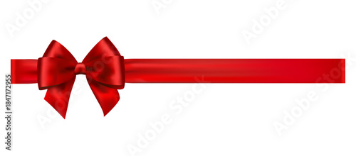 Red satin bow on long horizontal ribbon left aligned, shiny decorative vector element for gift wrapping, holiday banners and festive design