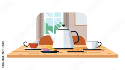 Modern flat vector illustration of tea time setup with teapot, cups, and snacks on table, calm and relaxing beverage scene ideal for wellness, hospitality, and lifestyle themes