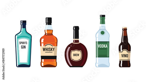 Vector illustration of assorted liquor bottles, isolated on white background, featuring whiskey, vodka, rum, and spirits, ideal for bar menus, alcohol branding, beverage marketing, packaging design