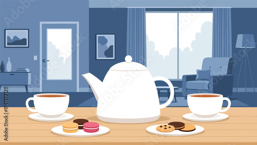 Modern flat vector illustration of tea time setup with teapot, cups, and snacks on table, calm and relaxing beverage scene ideal for wellness, hospitality, and lifestyle themes