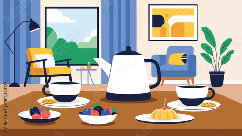 Modern flat vector illustration of tea time setup with teapot, cups, and snacks on table, calm and relaxing beverage scene ideal for wellness, hospitality, and lifestyle themes