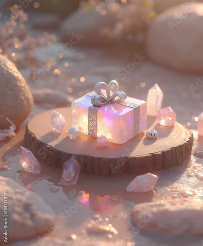 Glowing crystal gift box surrounded by rose quartz symbolizing spiritual abundance and self-love - AI generated