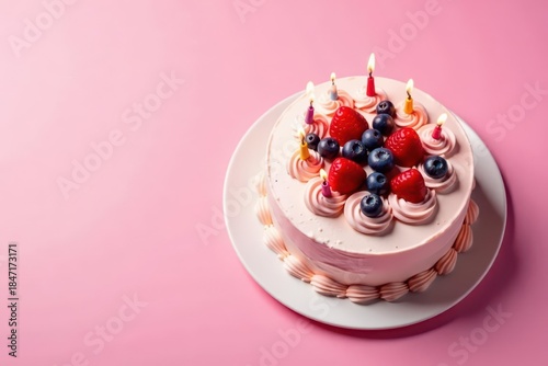 Overhead shot of delicious birthday cake, pink background, dessert table, high angle, angle