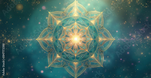 Glowing turquoise mandala with golden light symbolizing healing energy and inner clarity - AI generated