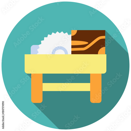 Circular Saw Rounded Flat Color Icon, Mini Illustration Relate To Carpentry, Wood Industry. Use For Modern Concept, Ui, Ux Web And App Development.