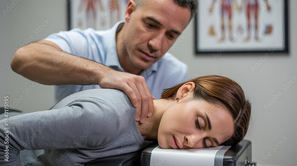 Obraz premium Professional doctor performing chiropractic neck adjustment on female patient, healthcare, wellness, therapy, treatment, pain relief, medical care, hospital, health