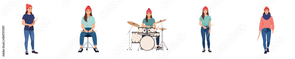 Fototapeta premium Female Drummer Character Vector Flat Design Musician Lifestyle Illustration Set