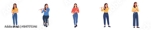 Female Flutist Musician Vector Flat Design Creative Lifestyle Illustration Set