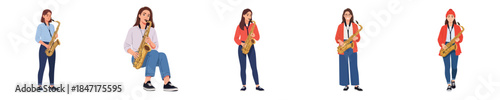 Female Saxophonist Musician Playing Saxophone Jazz Performance Flat Vector Set