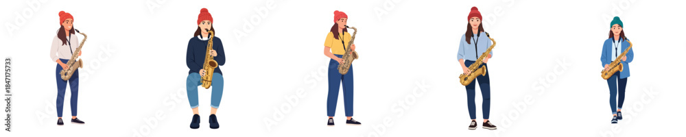 Naklejka premium Female Saxophonist Musician Playing Saxophone Jazz Performance Flat Vector Set