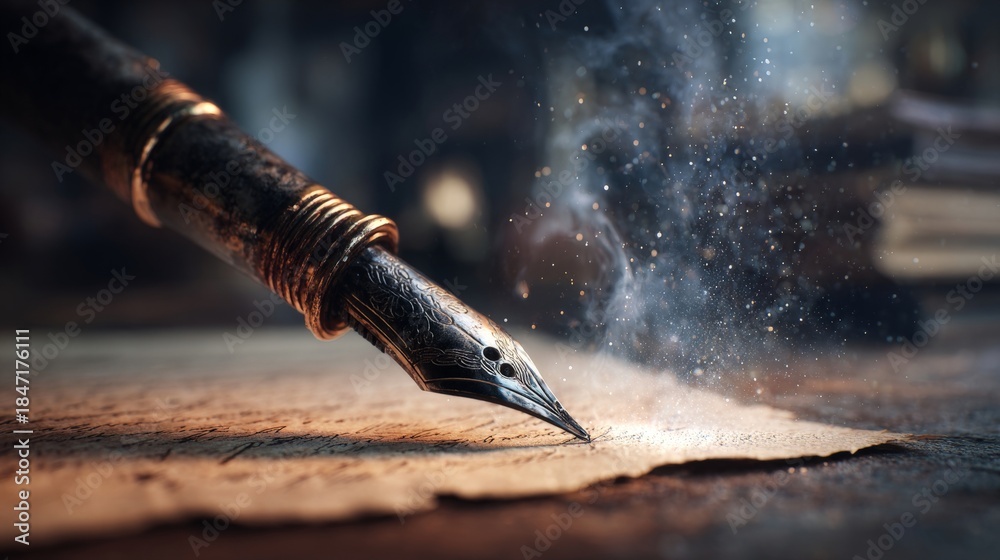 Naklejka premium A vintage fountain pen writes on aged paper with cinematic lighting and floating dust particles, creating an artistic and nostalgic composition.