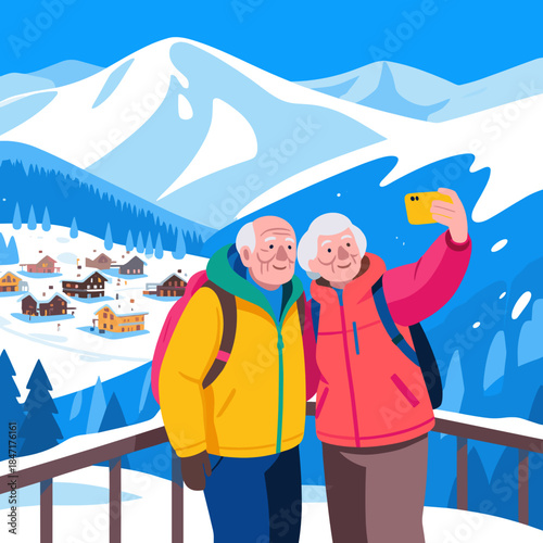 Happy elderly couple hikers taking selfie with smartphone on mountain viewpoint with village background representing Silver Economy and Tourism for Active Seniors