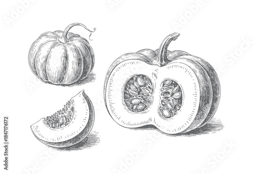 Pumpkin vintage botanical illustration in classic hand drawn engraving style.