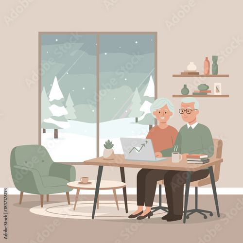 Happy elderly couple sitting at table with laptop managing investments with growth chart by window with winter view representing Financial Security for Seniors Retirement Planning and Investing