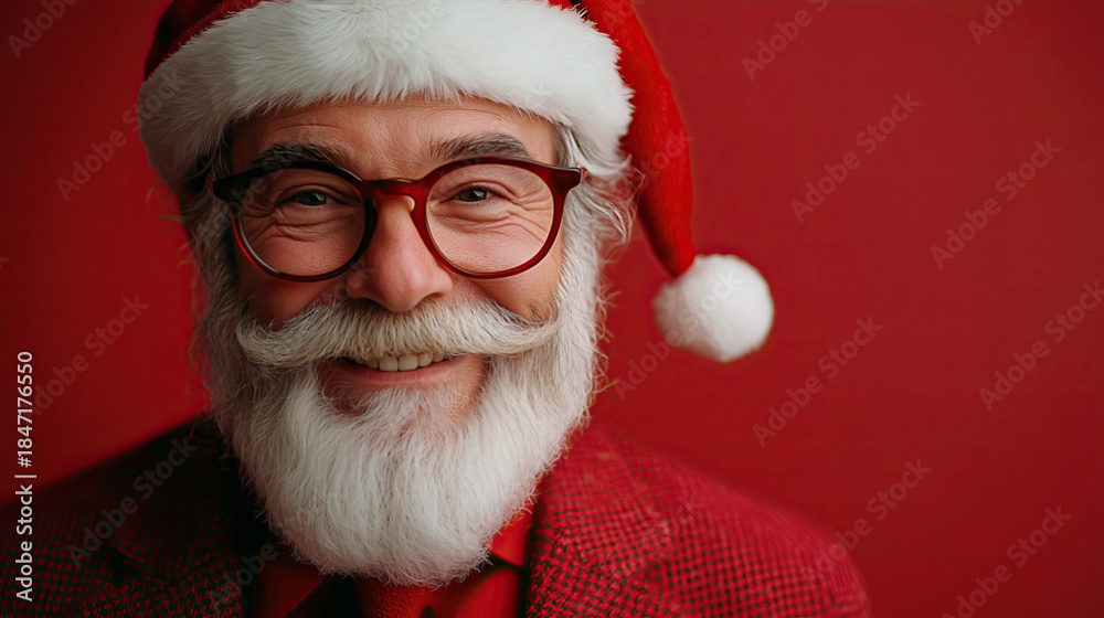 Naklejka premium Stylish man in Santa Claus hat presents a gift on a cheerful red background in a holiday-themed studio setting