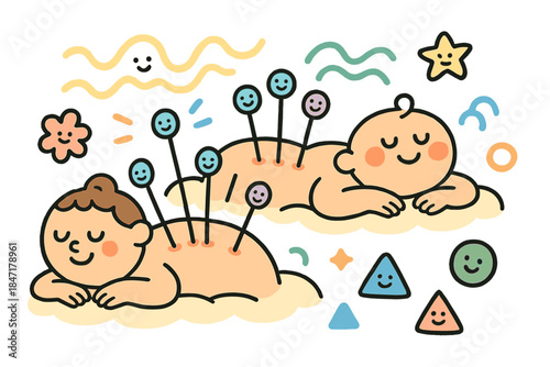 Cheerful Acupuncture Scene. Playful doodle acupuncture scene with happy needles gently placed on smiling cartoon bodies, soothing