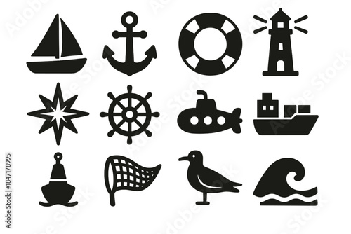 Sea Travel Icons. Solid style icons of Sea travel: sailboat, anchor, lifebuoy, lighthouse, compass rose, steering wheel, submarine
