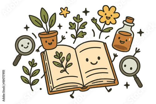 Joyful Herbal Tome. Friendly doodle pharmacopoeia book with smiling pages, cartoon herbs and tinctures jumping out, tiny stars