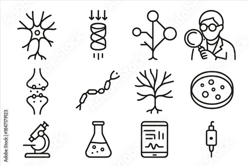 Brain Science Icons. Line style icons of Brain Science: Neuron, Light-Activated Protein, Neural Circuit, Research; Synapse, Axon,