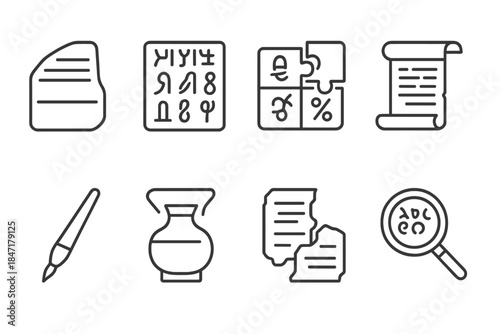 Linguistic Mystery Icons. Line style icons of Linguistic Mysteries: Rosetta Stone, Undeciphered Script, Linguistic Puzzle,