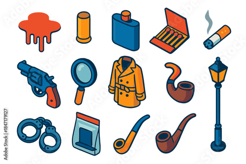 Noir Investigation Icons. Isometric vector illustration set Noir Investigation: dripping bloodstain, bullet shell casing, whiskey