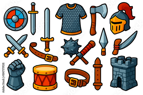 Medieval Armory Icons. Isometric vector illustration set Sword & Shield: Viking painted shield, medieval longsword hilt, chainmail