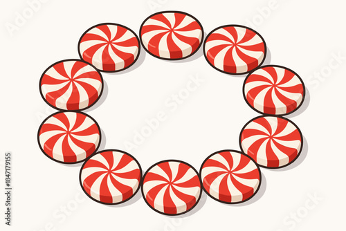 Peppermint Candy Circle. Peppermint candies arranged in a neat circle on a clean white surface, vibrant red and white tones,