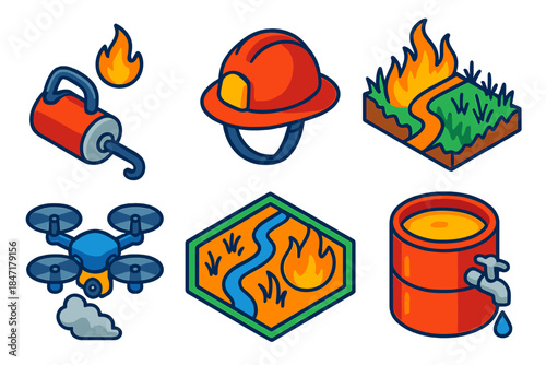 Controlled Burn Tools. Isometric vector illustration set Controlled Burn Management: fire drip torch, firefighter helmet,