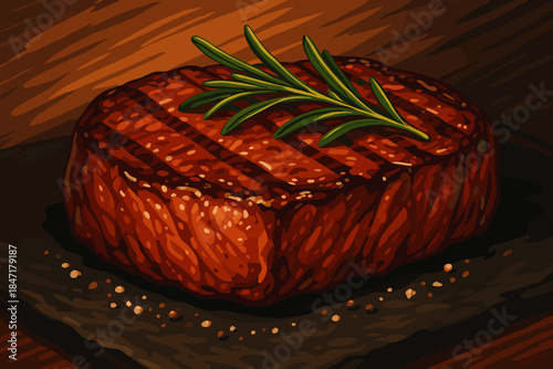Gourmet Steak Elegance. Close-up of a perfectly cooked steak garnished with rosemary, illuminated by soft warm light, rich
