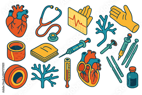Vintage Cardiology Icons. Isometric vector illustration set Vintage Cardiology: anatomical heart bust, rubber-tube stethoscope,