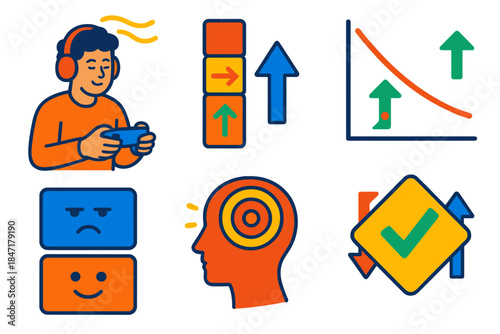 Gamer's Optimal Challenge Visuals. Isometric vector illustration set Psychology of optimal challenge: gamer experiencing flow,