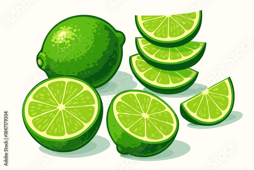 Vibrant Lime Stack. Playful arrangement of fresh limes sliced and stacked on a clean white surface, sharp textures and vibrant