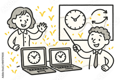 Joyful Timing Workshop. Friendly doodle precision timing workshop with smiling instructors, cartoon laptops showing synchronized