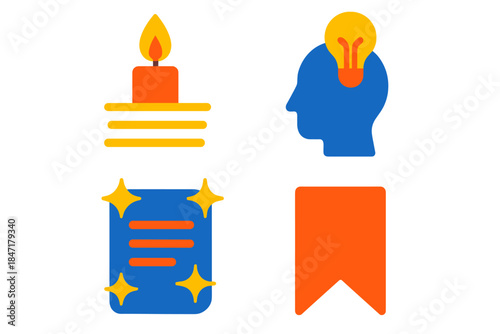 Mindful Learning Icons. Flat vector icons of mindful learning: candle illuminating text lines, silhouette with idea bulb above