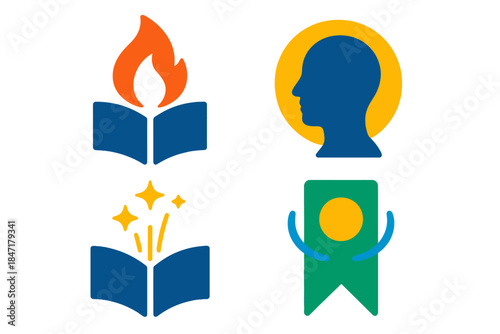 Insightful Harmony Icons. Flat vector icons of insight and harmony: flame merging with open text, nodding silhouette in golden