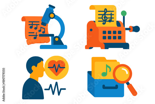 Music Restoration Icons. Flat vector icons of music restoration science: ancient score under microscope, medieval pitch