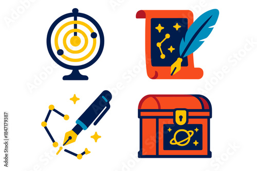Celestial Craft Icons. Flat vector icons of celestial craft instruments: scribe wheel for planetary orbits, quill over parchment